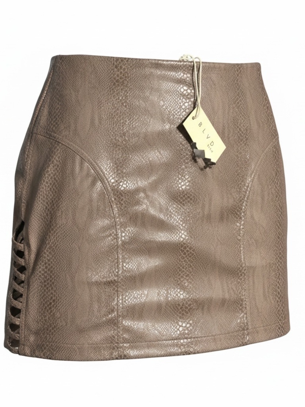 BLVD Taupe Faux-Leather Mini Skirt with Lace-Up Waist